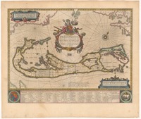 Mappa Æstivarum Insularum, alias Barmudas dictarum ad Ostia Mexicani æstuarÿ iacentium in latitudine Graduum 32 Minutorum 25, Ab Anglia, Londino Scilicet versus Libonotum 3300 Miliaribus Anglicanis, et a Roanoack (qui locus est in Virginia) versus Euronotum 500 Mill. accurate descripta / Guiljelm. Blaeuw excudit.