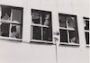 Broken windows due to bomb damage at ORT Jerusalem during Six-Day War.