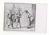 Drawing of scene of three men in a room (unidentified) .