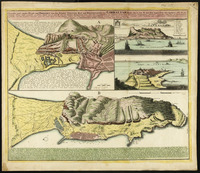 Neuester und Exacter Plan und Prospect von der Stadt, Vestung, Bay und Fortifications von Gibraltar theils, wie es lit. a mit den approchen der Spanier... / Heraus gegeben von Homannischen Erben.