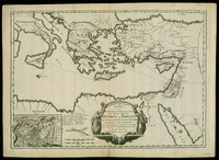 Kaart van de Reis-Tochten en Verblyf-Plaatsen der Heilige Apostelen Petrus en Paulus door Galilea, Samarie, het Ioodsche-Landt, Egypten, Asie, en Europe door N.Sanson.