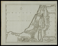 Kaart van't Joodsche Land ten tyde van onzen zaligmaaker : Waar in de plaatzen in de IV. Euangelien gemeld, aangeweezen worden / Getekend door A.L. en uitgegeven by Isaak Trion en Jacobus Loveringh.