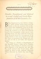 Paradise transplanted and restored : in a most artfull and lively representation of the several creatures, plants, flowers, and other vegetables, in their full growth, shape, and colour: shown at Christopher Whiteheads at the two wreathed posts in Shooe-Lane, London / written by I. H. Gent.