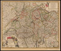 Exactißima Helvetiæ, Rhaetiæ, Valesia. Caeterorumque Confoederatum ut et finitimorum Populorum Regionum Tabula Illustrißimis, Potentißimis Rebus-Publicis Helvetiorum. Tigurinae. Bernensi Basiliensi Scaphusinae Novam hanc & postomnes alias Exactissimam Helvetiae Tabulam d. d. d / Nicolaus Visscher; A. Hogeboom Sculp.