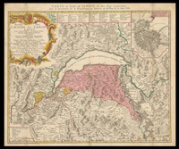 Novissima totius Lausonii sive Lemani Lacus cum Regionibus circumiacentibus Chorographica Repraesentatio interquas integra Genevensis Respublica Ducatusque Cablensis exhibentur, ut et Vaudi, Helvetiae, Sabaudiae, et Galliae Limites accurate ostenduntur / novisque statui recentissimo correctior reddita et ad L. L. Stereographicae Projectionis revocata per I. A. B. Rizzi Zannoni; Excudentibus Homannianis Heredibus.