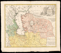 Nova Maris Caspii et Regionis Usbeck Provinciis adiacentibus vera Delineatio In qua itinera Regia et alia notabiliora accurate denotantur Per A. Maas. Curantibus Homannianis Heredib. Reductio mappae huius a maiore in hanc minorem formam facta est per Iohannem Petrum van Ghelen.