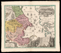 Provinciarum Persicarum Kilaniæ nempe Chirvaniæ Dagestaniæ aliarumque vicinarum regionum partium Nova Geographica Tabula Ex Itinerario celeberrimi olim Adami Olearii aliisque recentioris Geographiae adminiculis desumpta à Io. Bapt. Homanno eiusque Filio ; R. A. S.