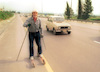 Retired Professor Boris Man, (74) former manger of the surgery department of the Mweir Hospital in Kfar Saba, is skiing on his hand made roller ski.