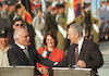 King Hussein visiting Tel Aviv officially for the first time was welcomed by PM Peres on his arrival.
