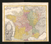 Regni Galliae seu Franciae et Navarrae Tabula Geographica Carte de France / dresseé par Guillaume De L'Isle et accommodée par les Heritiers d'Homann a l'instruction de la jeunesse.