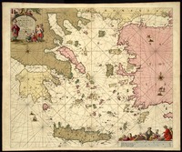 Paskaerte Vande Archipel en de Eylanden daer ontrent gelegen als Candia Serigo en Rodus, tusschen Golfo de Lepanto Constantinopolen en C. Serdeni in Natolia.