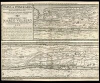 Tabula itineraria ex illustri Peutingerorum bibliotheca qvae Avgustae Vindel. est beneficio Marci Velseri in lucem edita... [Dedicated by] Ioannes Moretvs Typographus...ad Ortelium...descriptam.