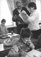 Leningrad, end 1980s - beg. 1990s. Drawing lesson at Sunday Jewish school. The "Leningrad Agada" project. Visit of Johanan Ben-Jacob - the inspector of Hebrew programs from the Ministries of Israel Education and his assistant - Anna Lerner (?).