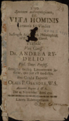 Specimen anthropologicum, De vita hominis Creatoris sui vindice / praeside Andrea Rydelio ; ... exponit Olaus P. Osander ... 1721.