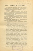The French protest : the undersigned, friends of Russia and strangers to Judaism, denounce to public opinion the absurd accusation of ritual murder brought against the Jew Beilis, of Kieff [incipit].