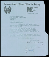 מכתב מINTERNATIONAL WHO'S WHO IN POETRY ו-KAY, ERNEST אל שלו תורן, פועה.