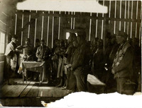 Soldiers and rabbi at Pessach service while saying the prayer for the king ("Kaisergebet"), 1918 in Italy.