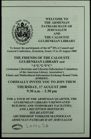 Welcome to the Armenian Patriarchate of Jerusalem and the Calouste Gulbenkian Library ... : [message from His Beatitude the Armenian Patriarch of Jerusalem]
