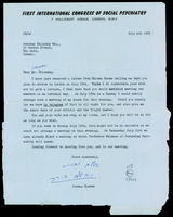 מכתב מ-FIRST INTERNATIONAL CONGRESS OF SOCIAL PSYCHIATRY ו-BIERER, JOSHUA אל שלונסקי, אברהם.