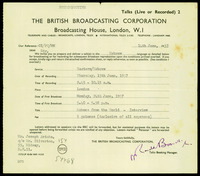 מכתב מ-THE BRITISH BROADCASTING CORPORATION - B.B.C אל אריכא, יוסף.