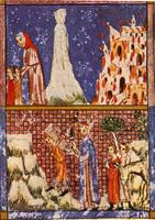 Sarajevo-Haggadah - Lot flies from Sodome / The Sacrifice of Isaac – הספרייה הלאומית