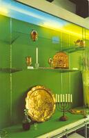 Large, battered, silver tray over 200 Years old, still used in Synagogue Mikve Israel-Emanuel for smashing of wine glass during wedding ceremonies. Amongst other objects exhibited: Silver "Hanukah" lamp (1716) and "Havdalah" Spice Box container (1704).