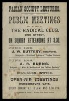 An invitation to public meetings "Political Duties of Trades" and "Aims & Methods of the Fabian Society".