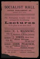 An invitation to lectures "Machinery & Modern Industry", "Trade Unionism: Old and New" and "Different Schools of Socialistic Thought".