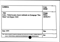 Lista-Neda ba para Anyim realisada na Sinagoga "Hes Haim" em Kippur 5660.