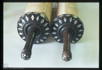 Photograph of: Zenica Torah scroll : Torah Scroll staves incrusted with mother of pearls.