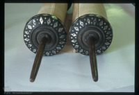 Photograph of: Zenica Torah scroll : Torah Scroll staves incrusted with mother of pearls.