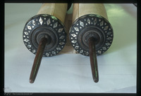 Photograph of: Zenica Torah scroll : Torah Scroll staves incrusted with mother of pearls.