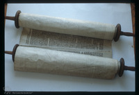 Photograph of: Zenica Torah scroll : Torah Scroll staves incrusted with mother of pearls.
