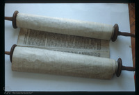 Photograph of: Zenica Torah scroll : Torah Scroll staves incrusted with mother of pearls.