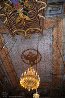 Photograph of: Great Synagogue (Hoykhe Shul) in Botoşani - Main prayer hall - Top of Torah ark with plafond and chandelier : Interior.