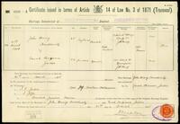 Marriage certificate for John Henry Amshewitz and Sarah Briana Judes.