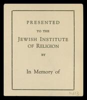 Ex libris Jewish Institute of Religion [Hebrew Union College].