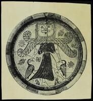 Photographs of an ancient plate showing winged goddess with Gorgon head.