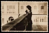 Portrait of Farīdah, Queen of Egypt on the balcony of the Royal Palace in Cairo.