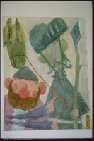 Photograph of: Don Quichot, Sancho and horse's head.