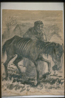 Photograph of: Inger, Kasriel and his horse Mafusail, illustration for "Mafusail" by Sholem-Aleikhem.