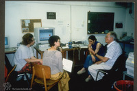 Photograph of: Computerizing the Index of Jewish Art : Prof. Bezalel Narkiss developing the computer program together with sections heads, Heidi Bransom (left), Ariella Amar (2nd from right), and computer coordinator Heftibah Cohen-Montagu.