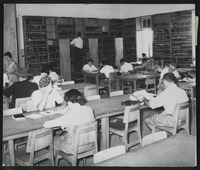 Hebrew University students in the main reading hall of the temporary premises of the Jewish National and University Library.