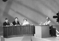 Defence Minister Moshe Dayan giving an interview for the Israeli TV.