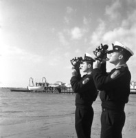 Two cadets at the Israel Nautical College in Acco, Gideon Adler and Jonathan Avny, whose parents went to Israel from Manchester and Liverpool taking bearings with sextants.
