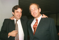 Dan Meridor embracing Ehud Olmert after he was nominated by PM Nethanyahu as Finance Minister.