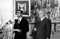 President of State Efraim Katzir (R) with Spokesman of the Goverment Miron Medzini (L) announcing to the media that PM Golda Meir will govern two days more.