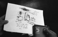 A drawing made by murder Dani Gur in court.