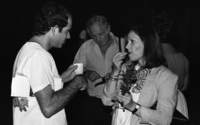 Actress Gila Almagor with her husband Yakov Agmon meeting with theatre director Oded Kotler after the performance at Neve Tzedek theatre.
