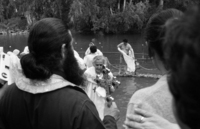 Baptist pilgrim being baptized in the Jordan near Degania as other Baptists look on.